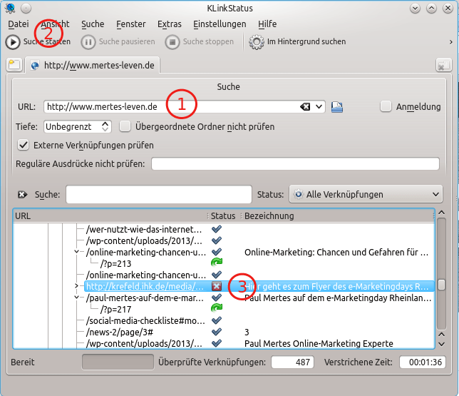 Screenshot von KLinkstatus. Die Software läuft unter Linux und spürt Broken Links auf.