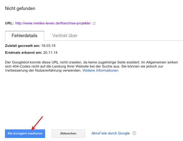 Screenshot von Webmastertools-Dialog zur Ausbesserung von 404-Fehlern.