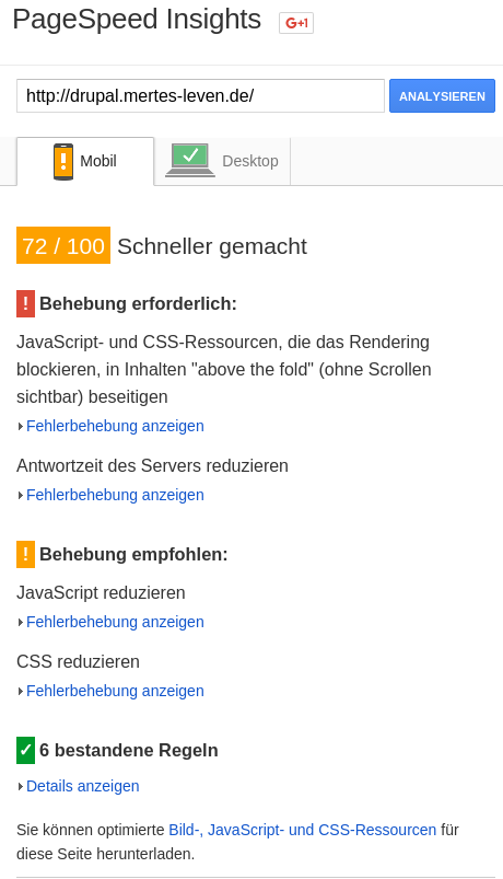 Drupal PageSpeed-Test Mobil 1
