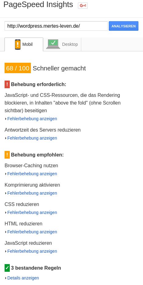 WordPress PageSpeed-Test Mobil 1